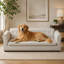 Canapé surdimensionné pour animal de compagnie, élégant canapé-lit surélevé en tissu de lin moderne, lit pour animal de compagnie rectangulaire surdimensionné confortable avec dossier et accoudoirs pour grands chiens surdimensionnés - beige-1541523723