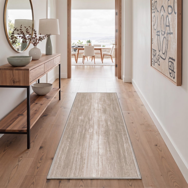 Tapis de couloir rayé beige/gris lavable à la machine avec envers antidérapant, Tapis de couloir de 2 pi x 7 pi