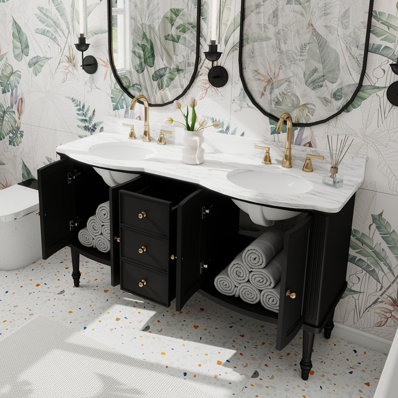 Ensemble de meuble-lavabo autoportant 60 po avec comptoir blanc Carrara, pieds en bois massif 60 po, entièrement assemblé