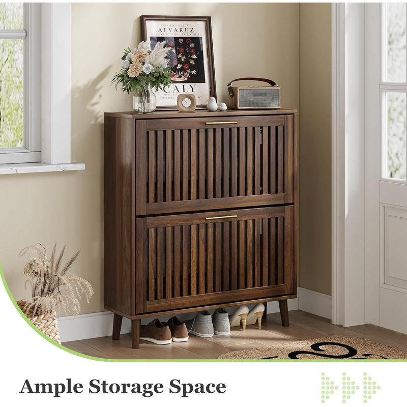 Slim Shoe Storage Cabinet With Louvred Flip Drawers, Freestanding Shoe Organizer For Entryway, Compact Shoe Rack With Adjustable Partitions And Durable Design