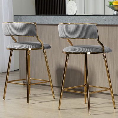 Set of 2 26" Counter Height Bar Stools, Corduroy Kitchen Island Bar Stool with Back, Golden Chromed Base & Footrest, Grey