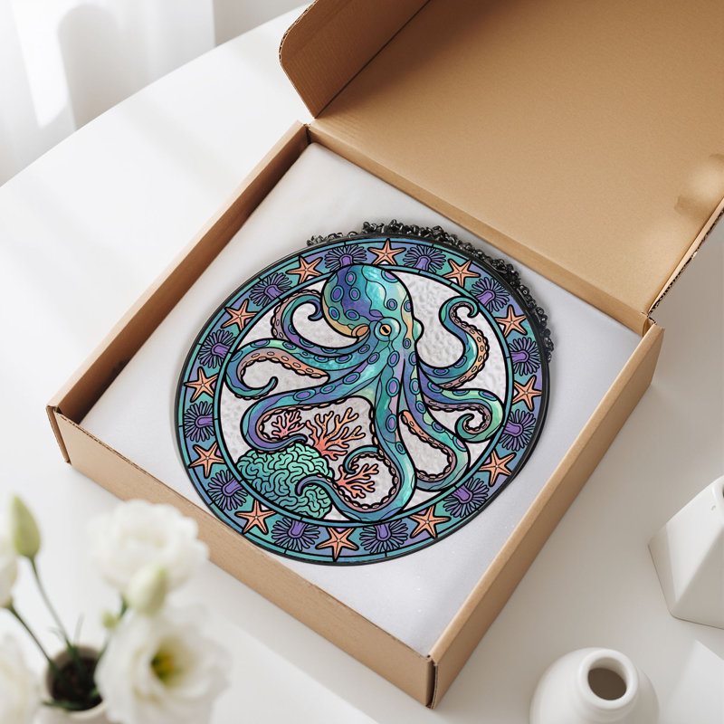Panneau de vitrail Octopus Design H 12 po, H 12 po