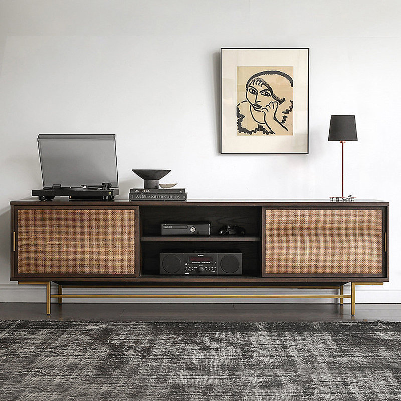 Meuble télé rétro et simple avec rangement en rotin