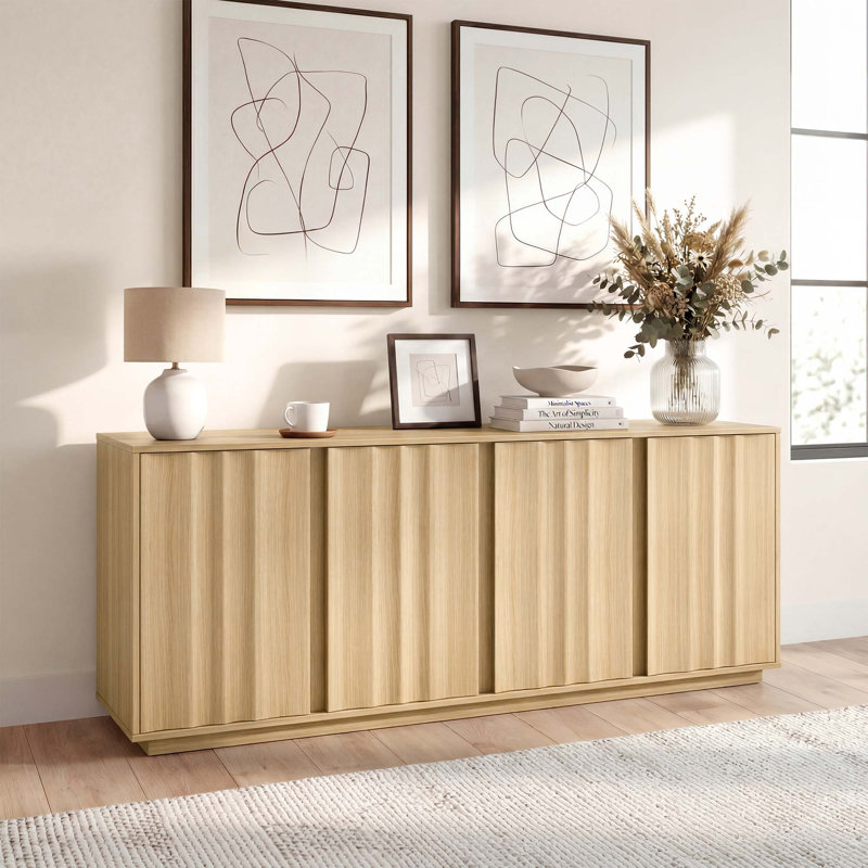 63''W Modern Fluted Sideboard with Adjustable Shelves, Oak
