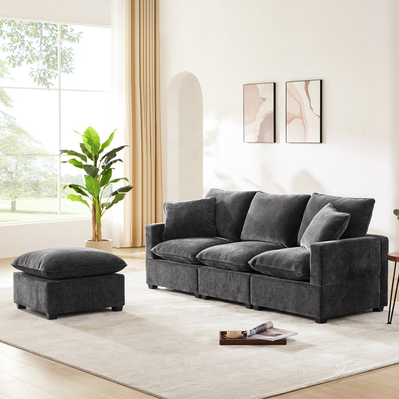 Canapé modulaire 84 * 57 ", canapé modulaire en chenille 4 places avec 2 coussins, structure en bois massif, coussins en mousse haute librement combinables, pour bureau, coussins, meubles intérieurs noirs et gris