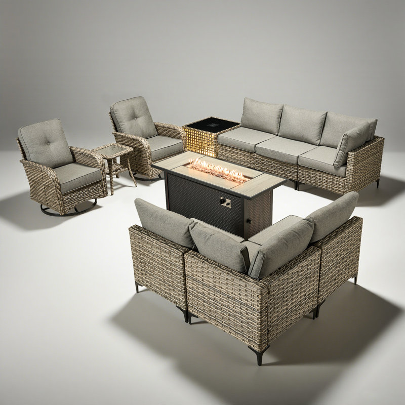 Ensemble de mobilier d'extérieur en osier de polyéthylène 11 pièces Sorella avec foyer 54 po et éclairage à énergie solaire Sorella