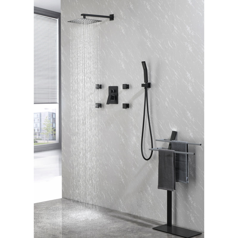 10-Inch Matte Black Bathroom Shower Fixture Assembly Kit, Square Rainfall Head, Handheld Shower, Body Jets, 3 Functions Balance Valve Luxury