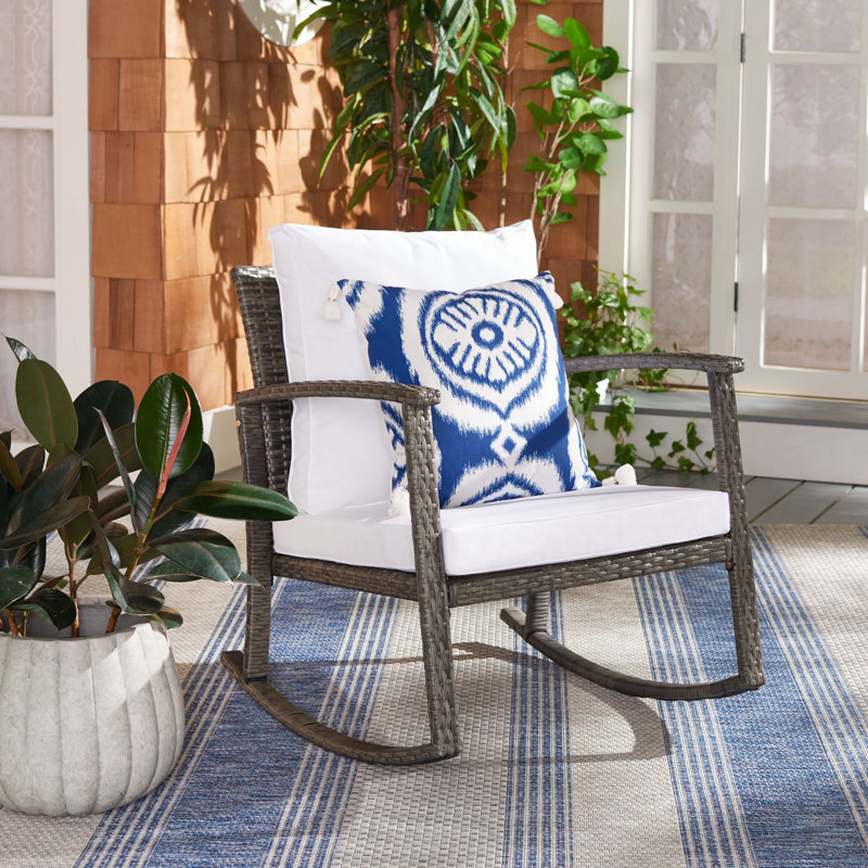 Chaise berçante d'extérieur en osier / rotin avec coussins Cummington, Gris / brun