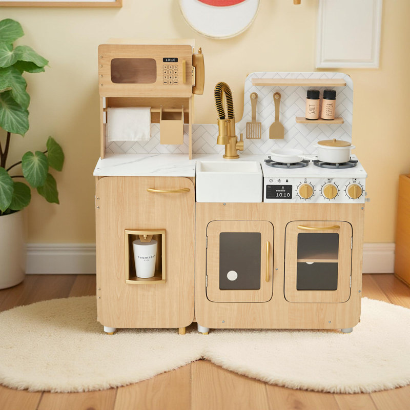 Ensemble de cuisine de jeu Teamson Kids Little Chef Chypre en bois avec 14 accessoires, dosseret en faux marbre et accents dorés
