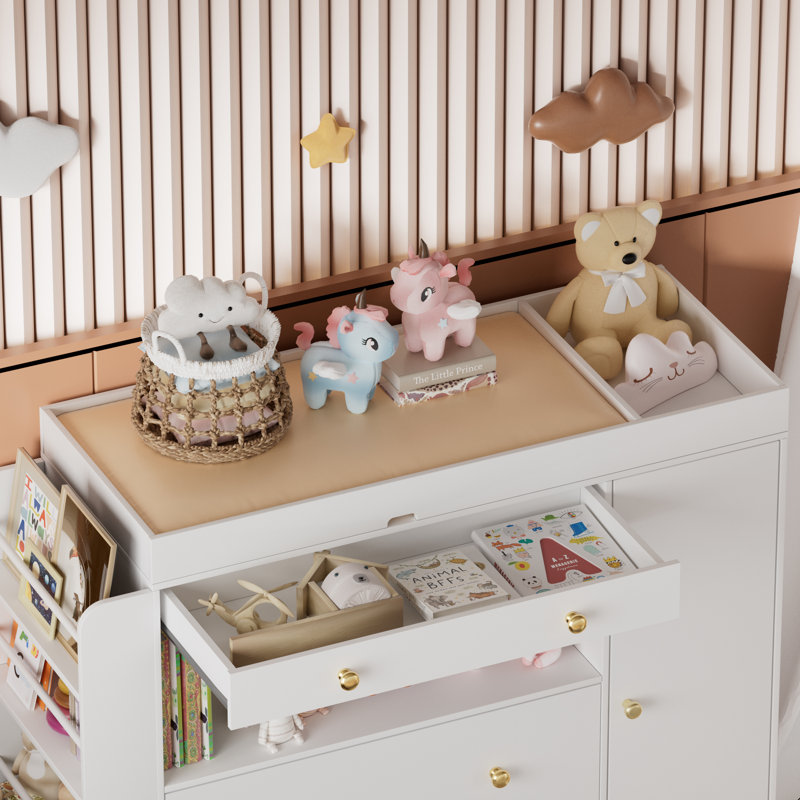 Commode pour chambre de bébé avec table à langer, table à langer moderne, commode pour chambre de bébé avec 3 tiroirs et tablettes, lit de bébé avec table à langer, blanc