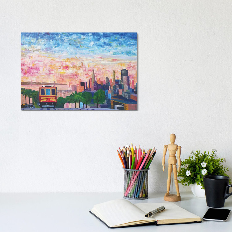 San Francisco Cable Car With Skyline and Bay 1 Piece Wrapped Canvas Wall Art, 20.32 cm H x 30.48 cm W