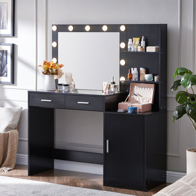 46.4In Dressing Table With Mirror And Lights - Vanity Desk 2 Large Drawers & Vertical Organizer, 3 Level Dresser, Adjustable Brightness Lighting Modes For Bedroom (Black Brightness,