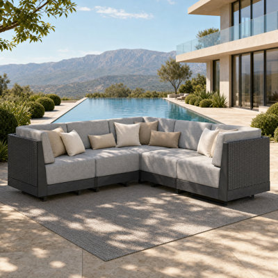 Ensemble de jardin 5 places en résine tressée avec coussins, canapé d'angle modulaire gris en forme de L, mobilier de jardin en résine tressée.