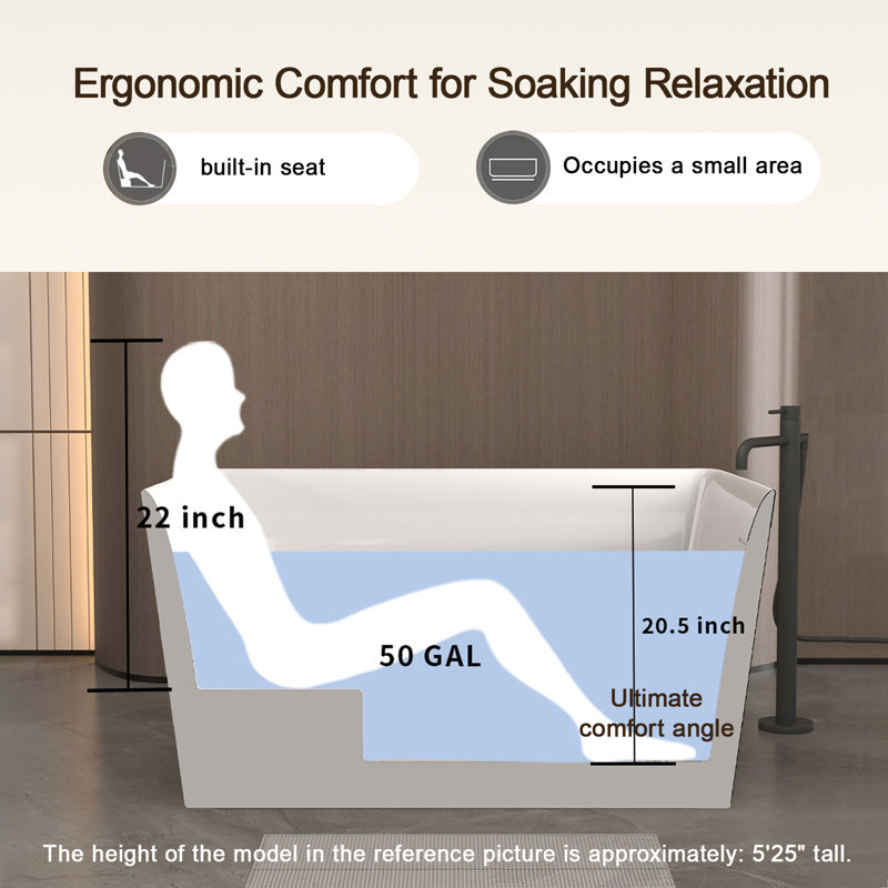 Baignoire autoportante en acrylique de 119 cm (47 po) avec siège intégré, baignoire ergonomique pour salle de bain