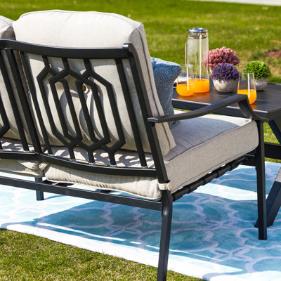 Stradford 2-Person Patio Loveseat and Coffee Table Conversation Set with Beige Cushions