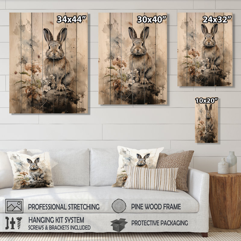 Art asiatique, lapin Sumi II sur bois, H 32 po x l 24 po x P 0,78 po