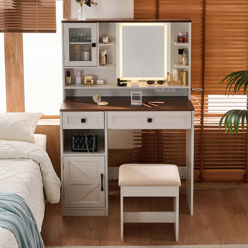 Ensemble de coiffeuse avec miroir et tabouret de maquillage avec lumières et station de charge, Blanc