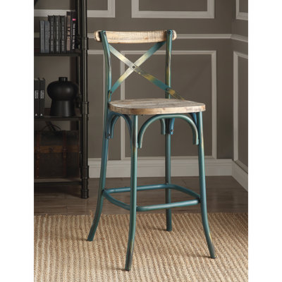 Chaise de bar antique à dossier en croix turquoise et chêne antique - siège confortable à long terme, base à quatre pieds avec repose-pieds, style rétro pour tabouret de salle à manger haute sécurité, pièce solide et attrayante
