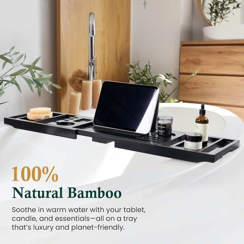 Plateau de baignoire en bambou DIDADI - anti-éclaboussures réglable (28,5 à 40 po) avec support à vin, support pour tablette et poignée antidérapante, organisateur de qualité spa pour les articles de bain essentiels et la lecture - noir