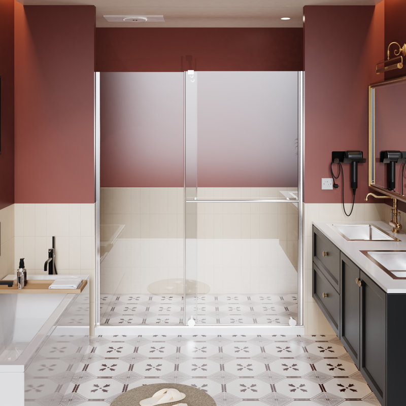 Glass Shower Screen Transforming To 30 - 60 In.W Sliding Door, 1/4 Inch Thick Shatter Glass, Accented Accessories X 72 In.H Door With Supporting Bar, Dual Purpose Function