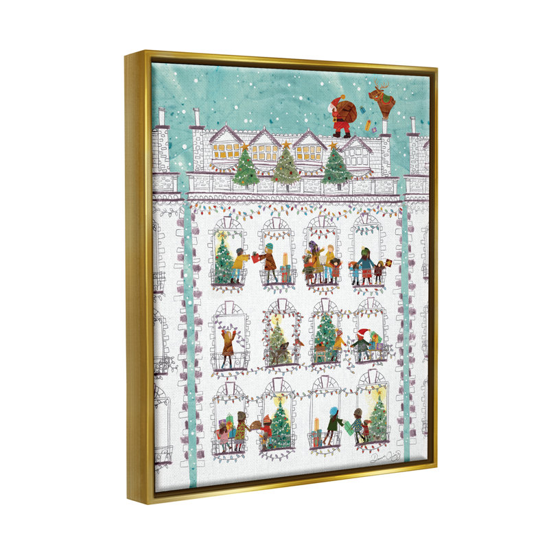 «Santa Claus cadeaux City Rooftop» par Dawn Quigg, impression, H 21 po x l 17 po x P 1,7 po, Cadre flottant métallique doré