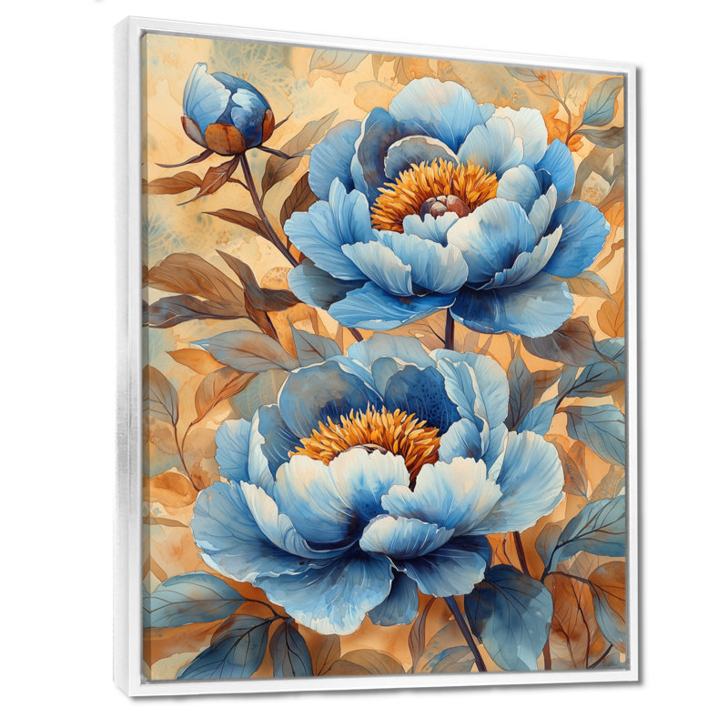 Pivoines bleues dans la basse-cour IV - pivoines, art mural, H 40 po x l 30 po, Reproduction avec cadre flottant, Blanc