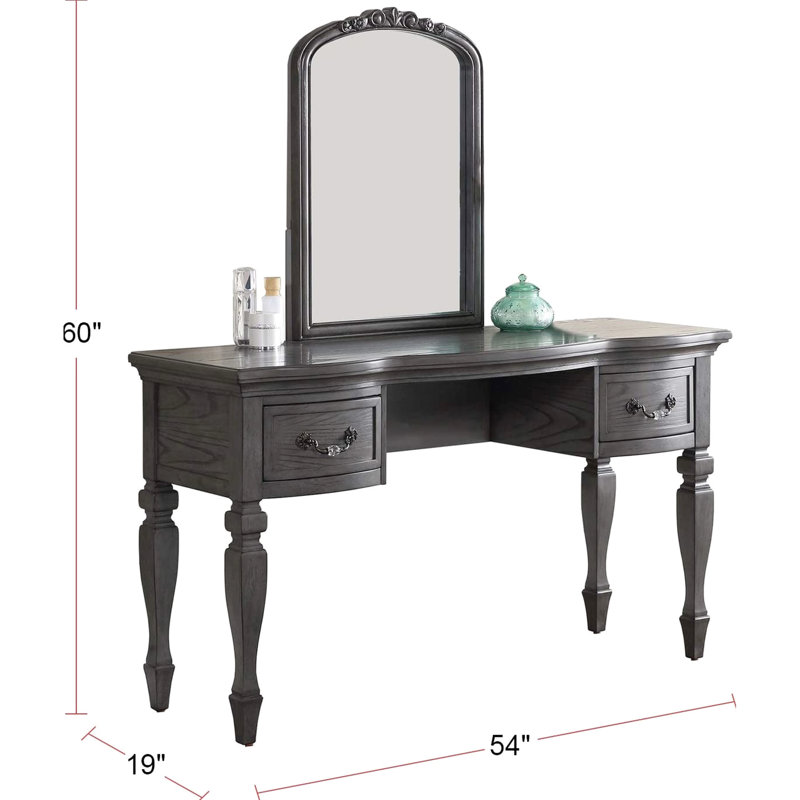 Coiffeuse contemporaine gris antique avec tiroirs en bois et tabouret inclus. Miroir et rangement classiques en chêne massif - Style vintage