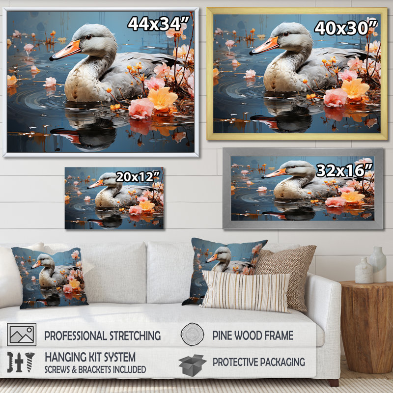 «Grey Duck», art mural «Duck», Cadre d'angle fermé noir, H 12 po x l 20 po x P 1 po