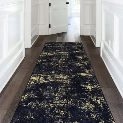 Machine Washable Area Rug - Non-Shedding, Foldable For Living Room, Bedroom  Black + Gold, 2'6'' X 10' Kitchen Washable, Non-Slip, , Low-Pile