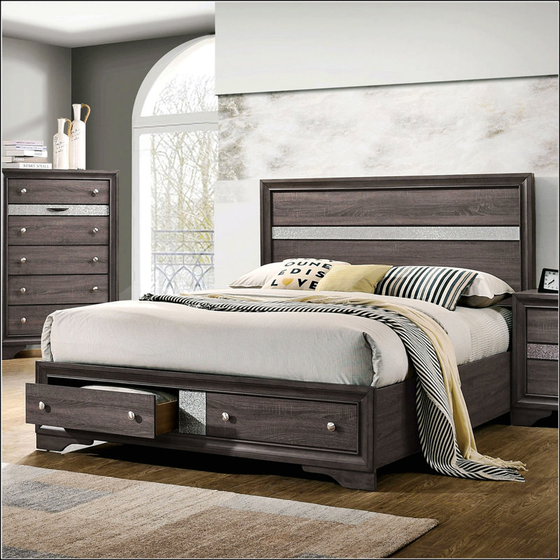Grand lit avec tiroirs, Bois massif, Gris, Grand lit
