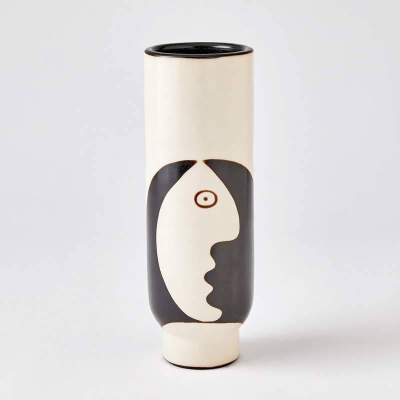 Simple Face Handmade Ceramic Table Vase, Natural/Black