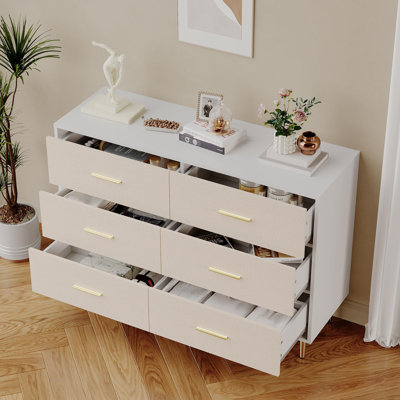 6 Drawer Dresser, Modern White Chest of Drawers with Gold Metal Legs and Handles,Large Double Wooden Dresser for Bedroom