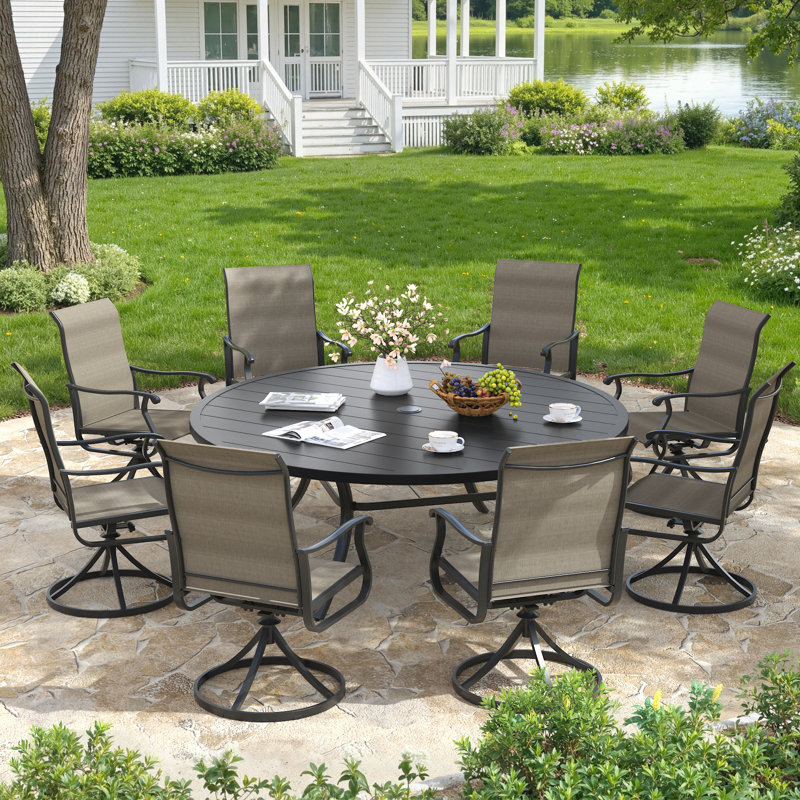 9-Piece 63" Round Outdoor Patio Dining Set With Swivel Armchair, Black/Brown