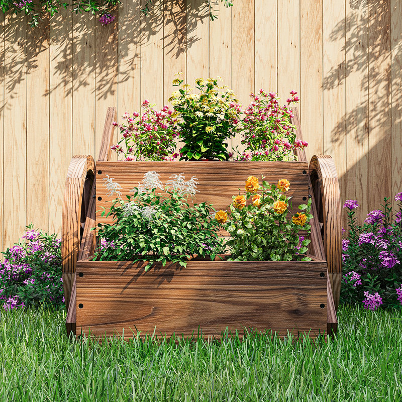 Wooden Wheelbarrow Planter With Wheels - Two-tier Outdoor Garden Decor For Plants And Flowers