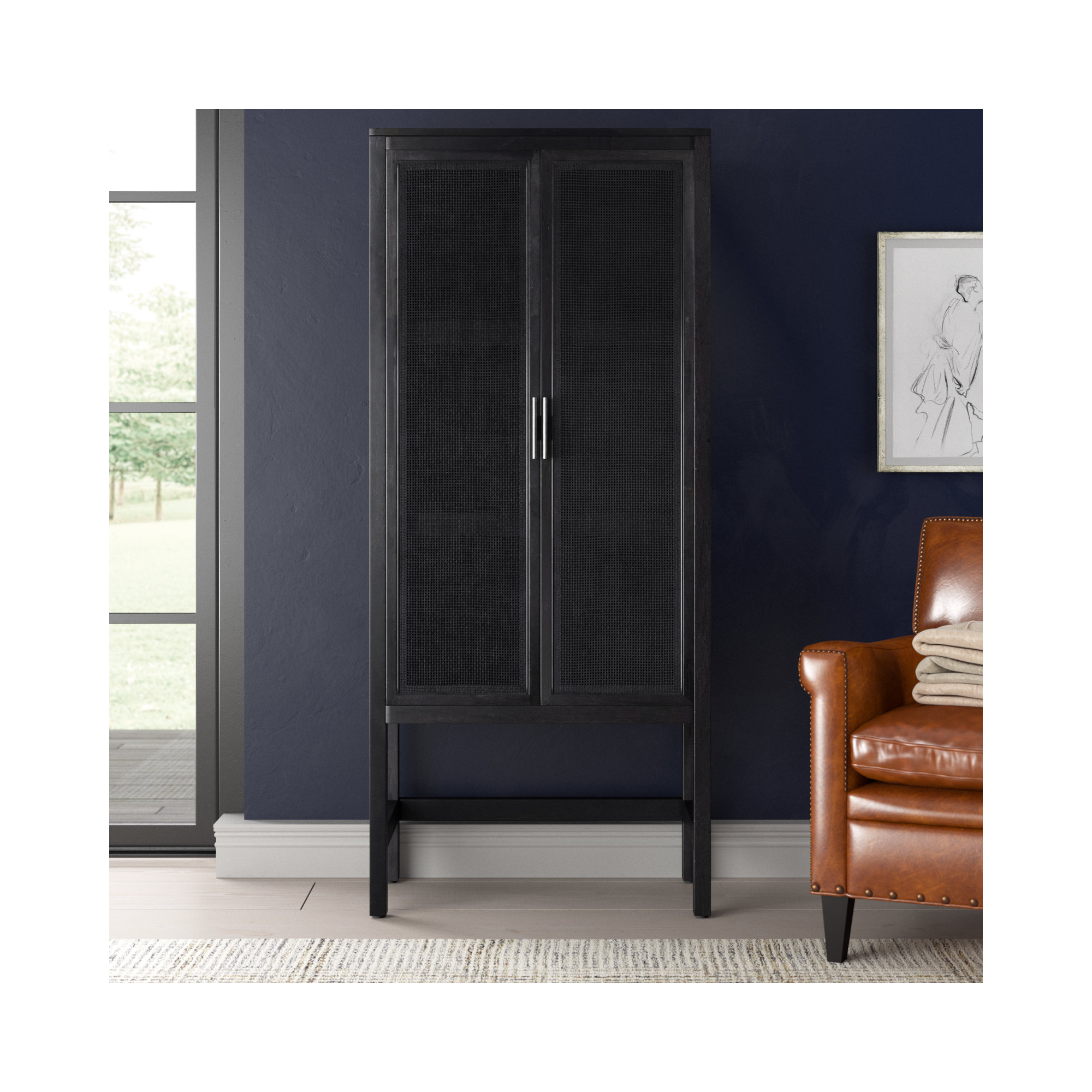 Boudreau Solid Wood Storage Cabinet, Black Wash Mango/Black Natural Cane
