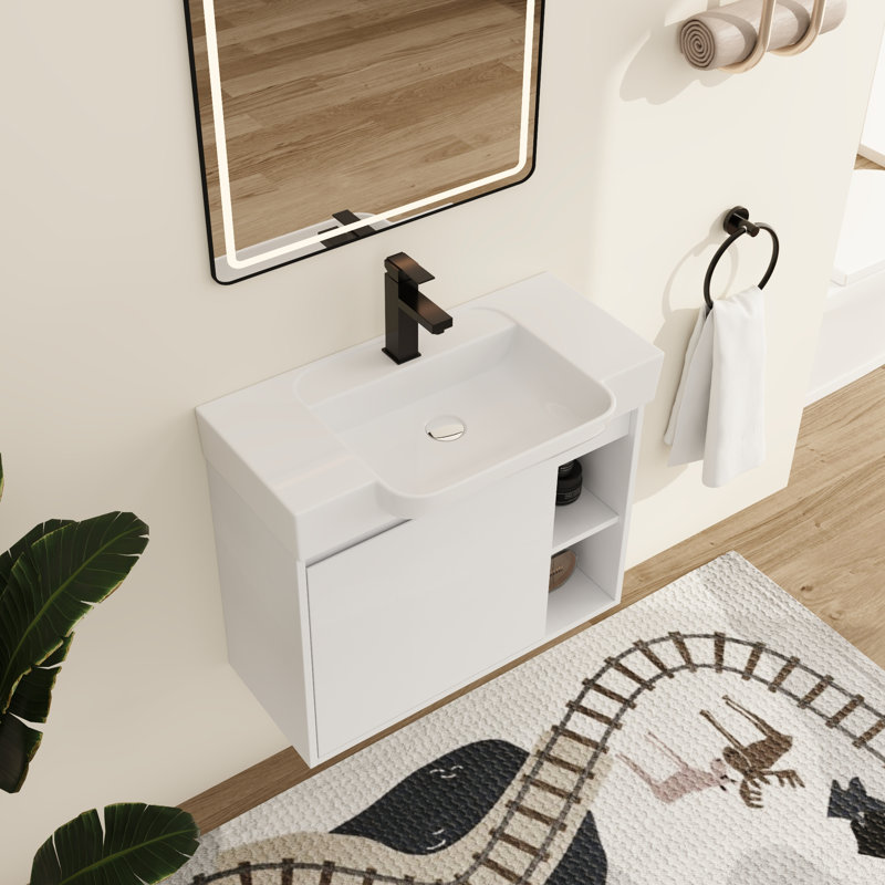Meuble-lavabo simple Marnar 28 po avec comptoir en céramique, meuble-lavabo mural avec lavabo en céramique, Blanc, 28"