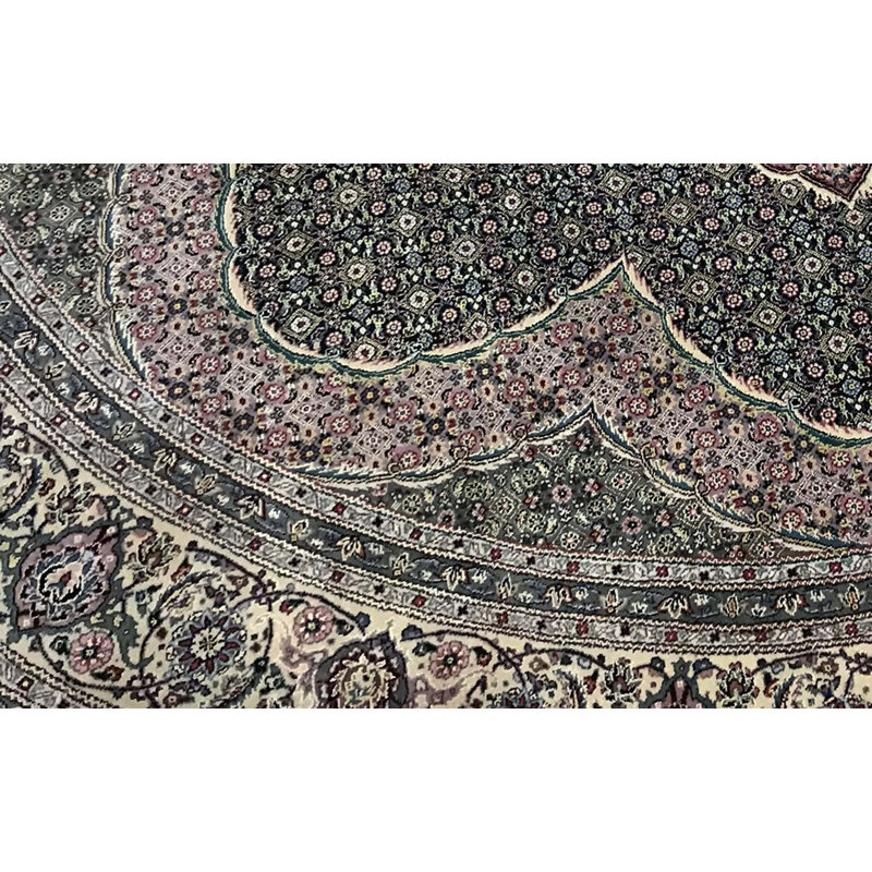 Tapis rond vert et beige noué à la main de haute qualité