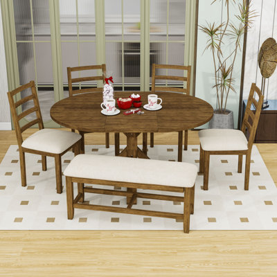 Farmhouse 6-Piece Extendable Dining Table Set with Removable Leaf, Bench and Upholstered Chairs