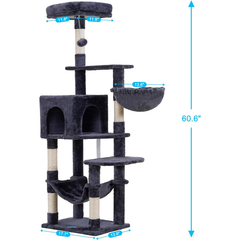 Arbre à chat avec grand hamac, tour de chat à plusieurs niveaux pour chats d'intérieur, maisonnette pour chat avec poteaux à griffes recouverts de sisal et perchoir supérieur, gris fumé MPJ050G