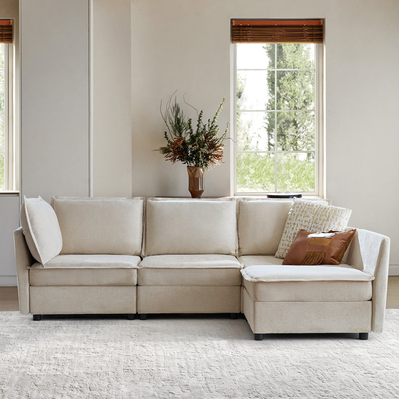 Talani Modern 4 Seater Slipcovered Corner Sofa with Hidden Storage, Beige