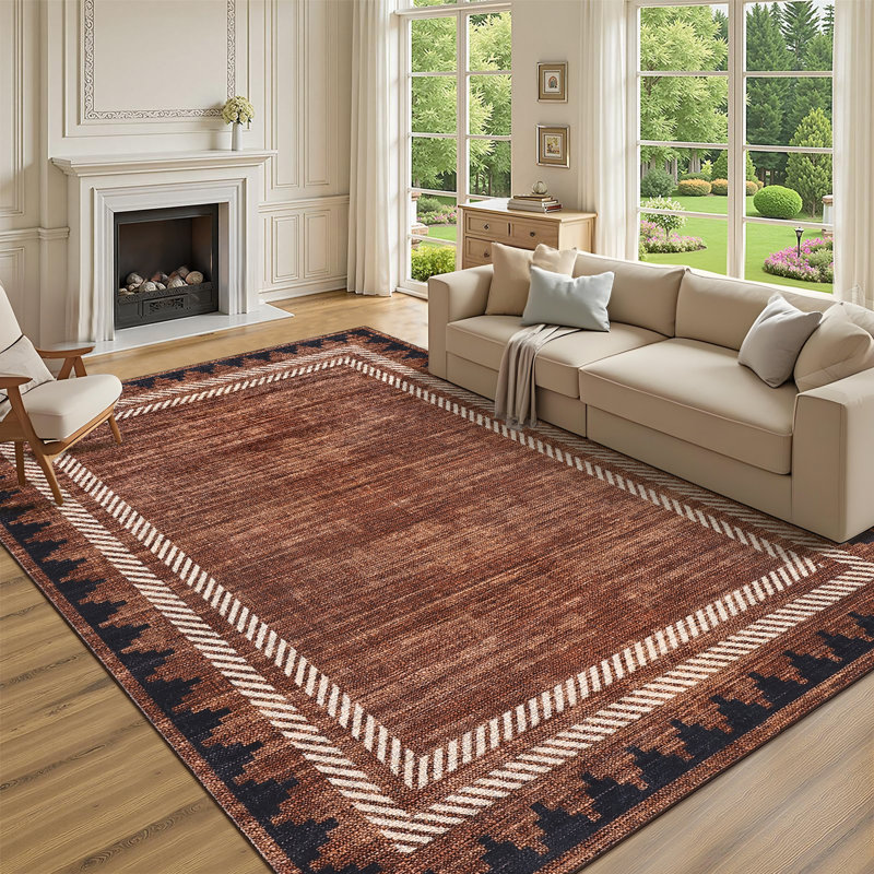 Tapis à motifs géométriques modernes à bordure géométrique lavable 5 x 7 pour le salon de la chambre à coucher, tapis pliant antidérapant, tapis d'intérieur doux, résistant aux taches, rouge brique