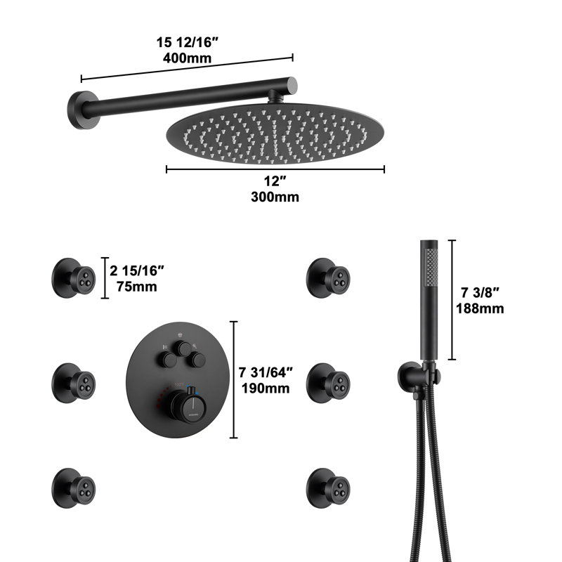 Thermostatic Rainfall Shower System with Rough in-Valve and Shower Body Spray, Matte Black