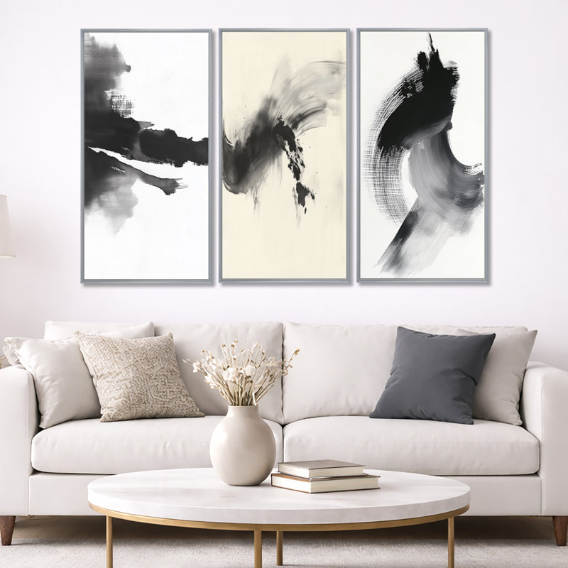 Abstrait à l'encre coulante abstraite - ensemble d'art mural sur toile abstrait noir minimalisme, 32" H x 48" W
