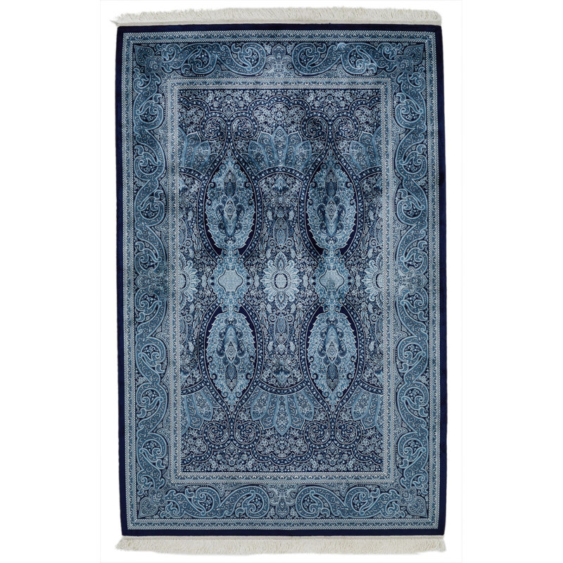Tapis turc bleu marine et ivoire Antep, Rectangle 3 pi 11 po x 5 pi 11 po