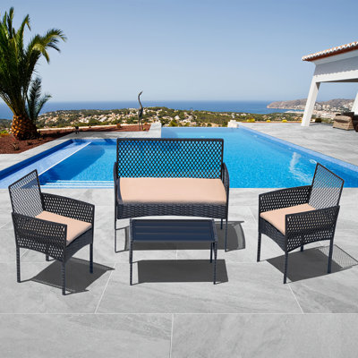 Ensemble de conversation 4 pièces, chaises d'extérieur avec coussins et table basse pour la véranda