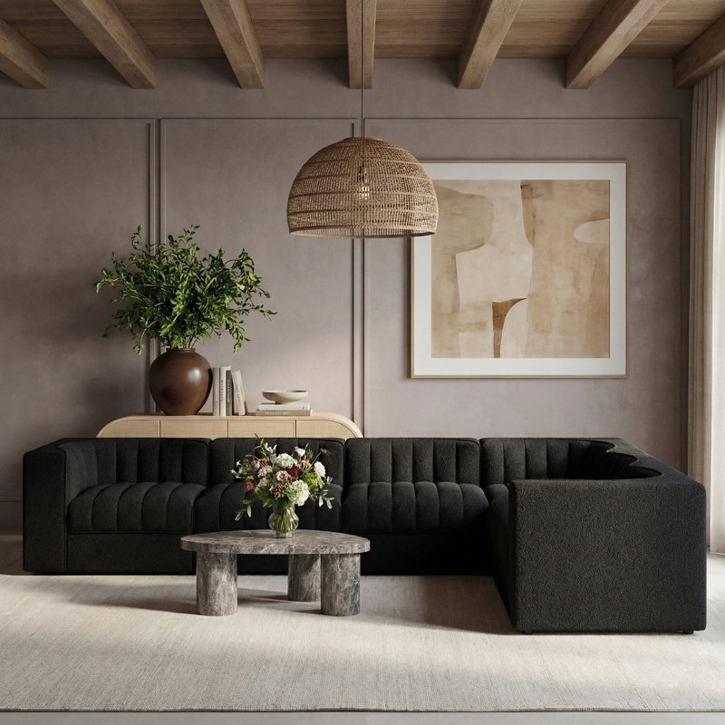 Tissu en velours Demars Performance 6 pièces Canapé modulaire modulaire, Velours noir, H 27 po x l 126 po x P 63 po