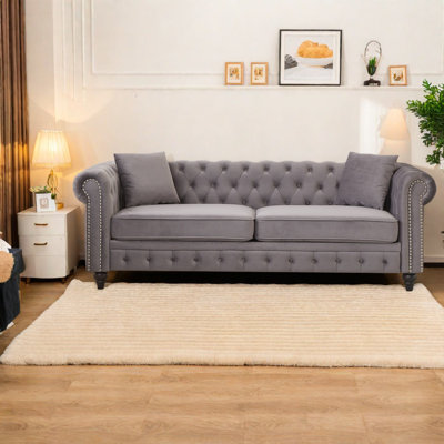 Luxueux canapés Chesterfield en velours gris, canapé 3 places pour la maison