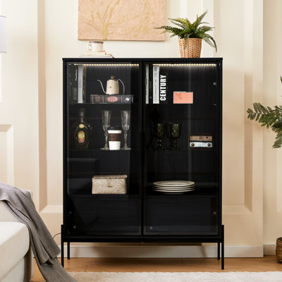 Led Illuminated Shelf Cabinet With Tempered Glass Door - Modern Style For Home, Office, Study, Black Adjustable Shelves And Lighting Stylish Living Room, Study