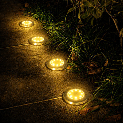 Low Voltage Solar Ground Lights 8 LED Garden Waterproof Disc Light Outdoor Pathway Metal Well Light