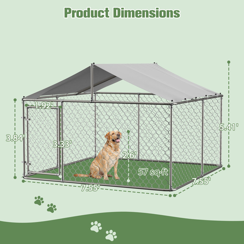 Chenil en métal pour chien avec auvent et porte verrouillable, H 65 po x l 90 po x P 90 po
